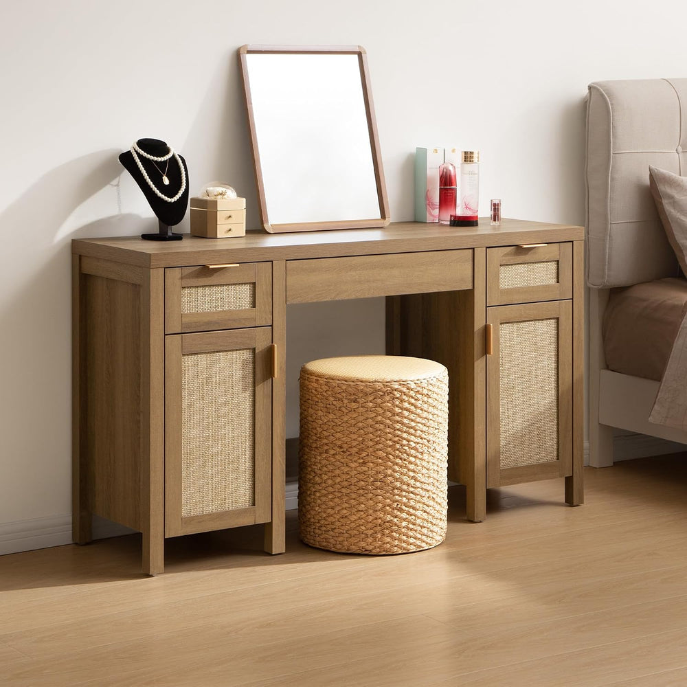 SICOTAS Rattan Vanity Home Office Desk 52" Vanity Table with 3 Drawers