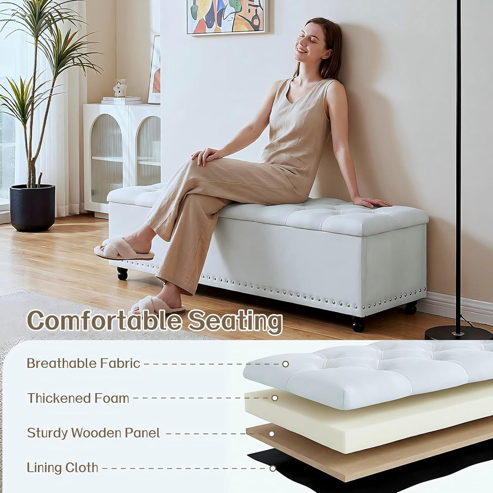 51" Storage Ottoman Bench with Wooden Legs & Soft-Close, White-Gray