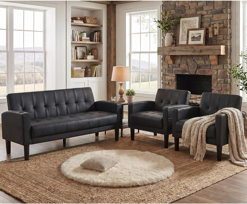 62" W Leather Loveseat and 2 Chairs, Living Room Sets w/Charging Station