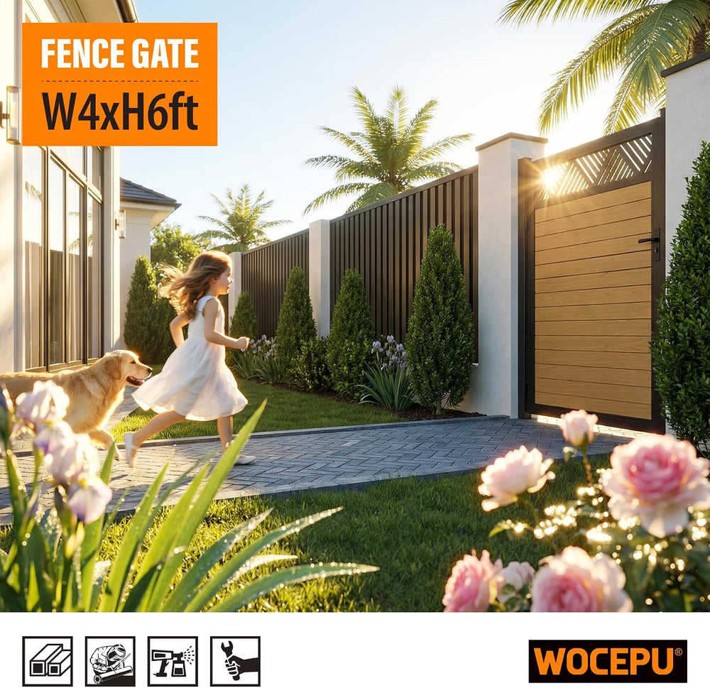 4x6 FT (46.6"x70.2") Aluminum Fence Gate Kit, Heavy-Duty Wood Grain...