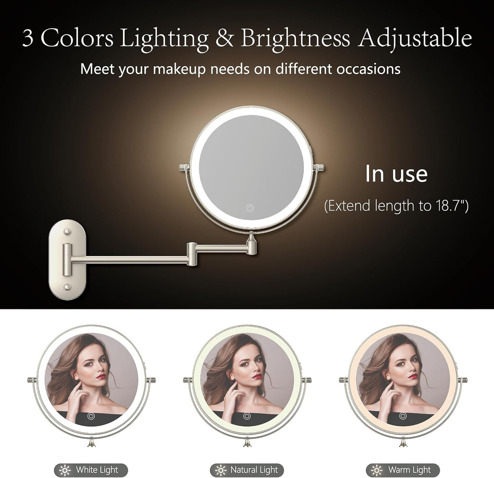 8" Wall Mounted Makeup Mirror,Oval Base, 10X, Brushed Nickel