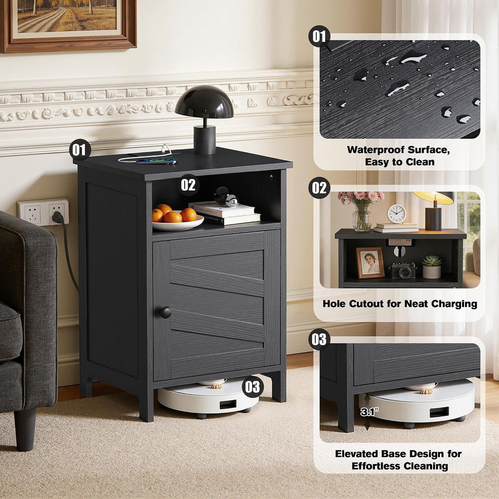 Night Stand with Charging Station, Farmhouse Nightstand with Open Shelf, Beds...