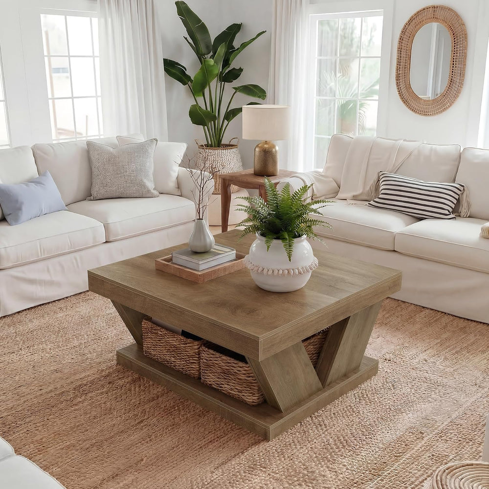 LITTLE TREE Coffee Table, Farmhouse Coffee Table with Large Storage Shelf, 2-...