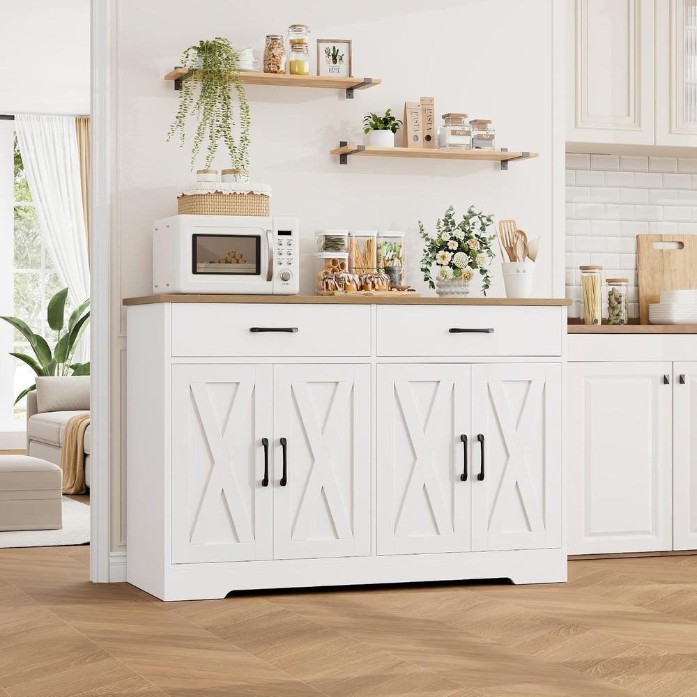 HOSTACK 47" W Kitchen Sideboard Buffet Cabinet with Storage Drawers, White
