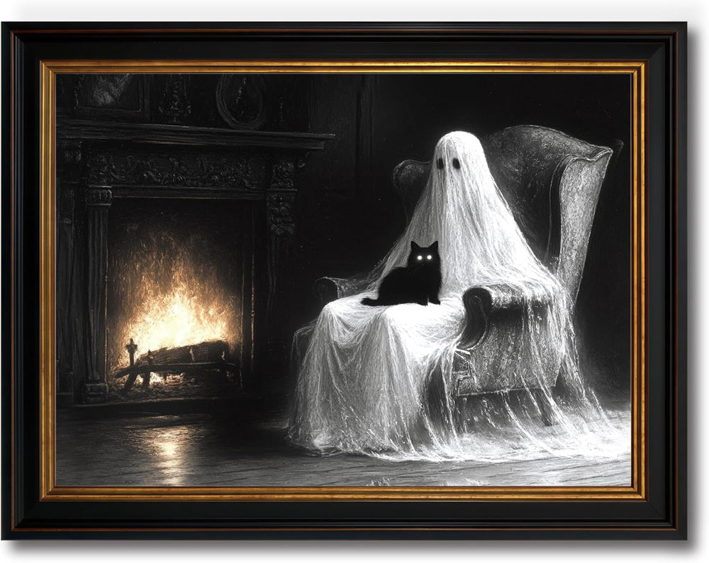 Ghost and Black Cat Framed Canvas Art, Gothic Halloween Wall Decor