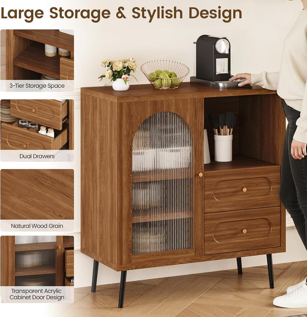 Wood Sideboard Cabinet - Slim Buffet Cabinet with Storage & Drawers