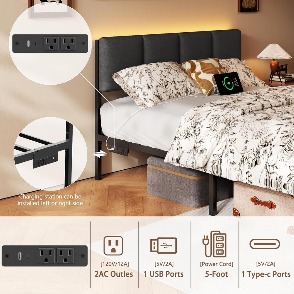 Furnulem Full Size Bed Frame with Upholstered Headboard & 2 Storage Drawers