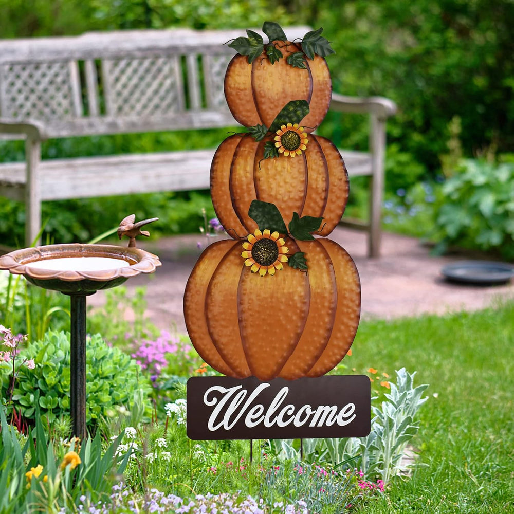 Metal Fall Pumpkin Stake Decorative Stacked Pumpkins Yard Welcome Sign