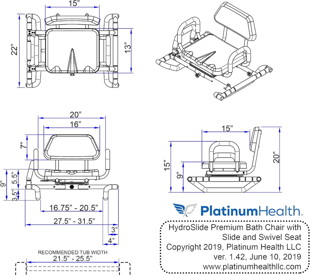 Platinum Health HydroSlide Sliding Shower Chair Swivel Seat for Bathtub, Soft...