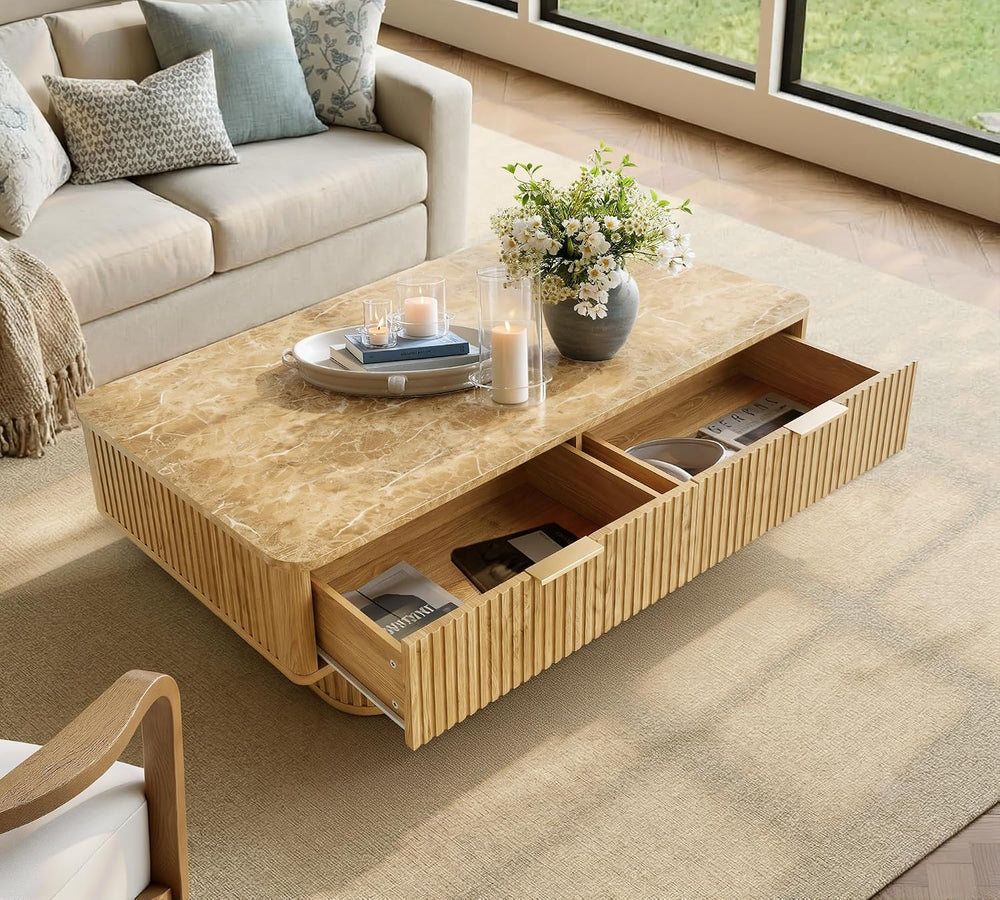 win2win Rectangle Coffee Table with Storage, Faux Marble Top, Boho,Oak
