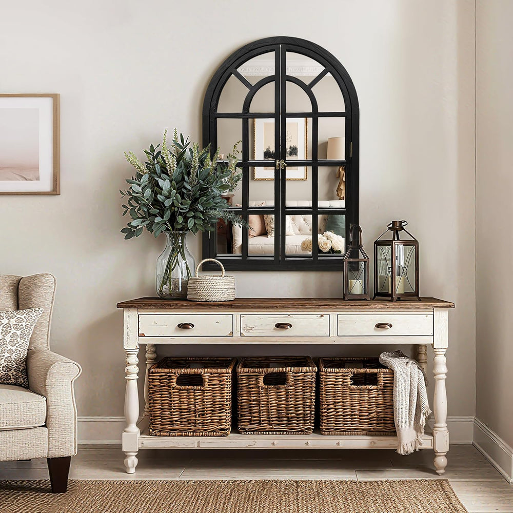 Arched Rustic Farmhouse Wood Mirror for Wall, 24" x 36", Black