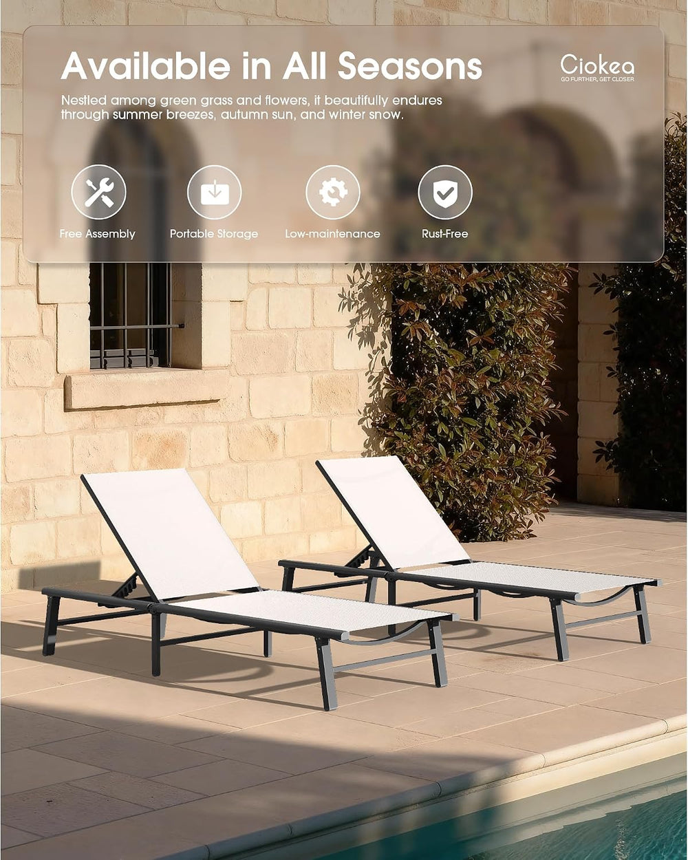 Ciokea Foldable Outdoor Lounge Chair, No Assembly Patio Chaise Lounge Outdoor...