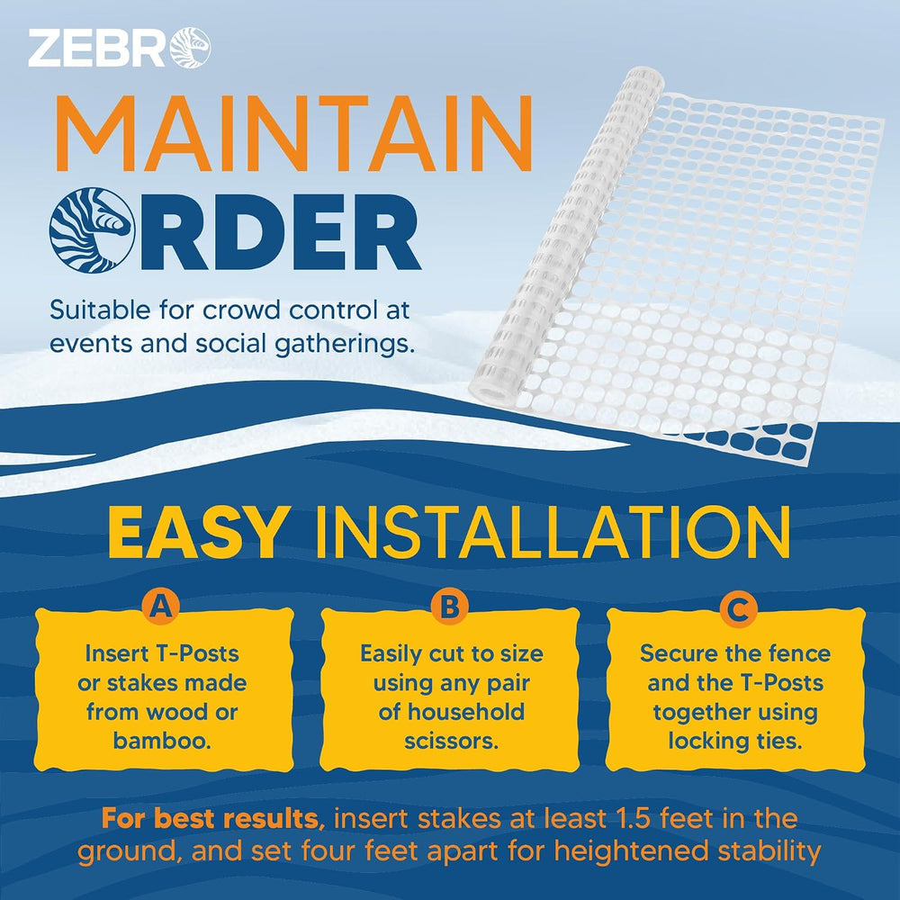 ZEBRO 4' x 100' White Plastic Garden Fence Roll – Standard Duty Safet...