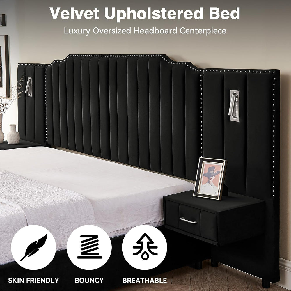 King Size Velvet Platform Bed with LED Lights and Nightstands, Black