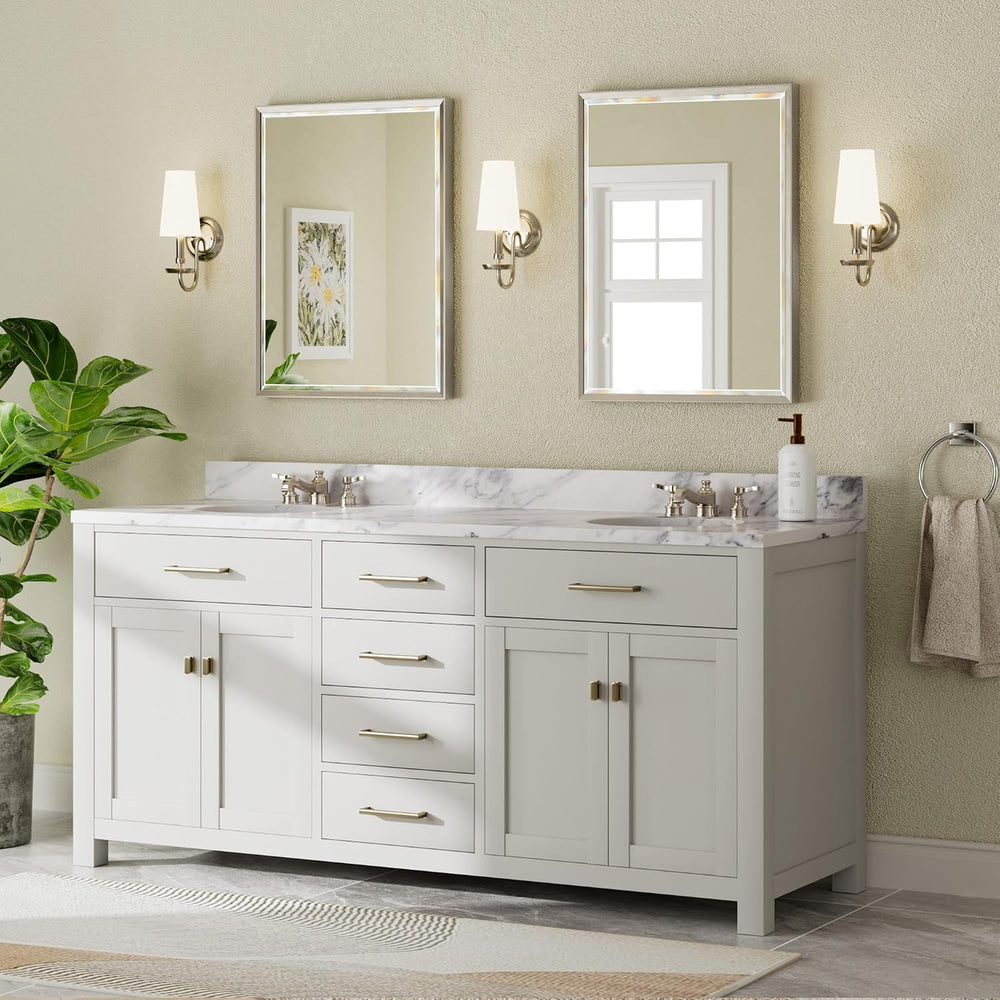 Brushed Nickel Bathroom Mirror, 24x32 Inch Beveled Framed Bathroom Mirror Ant...