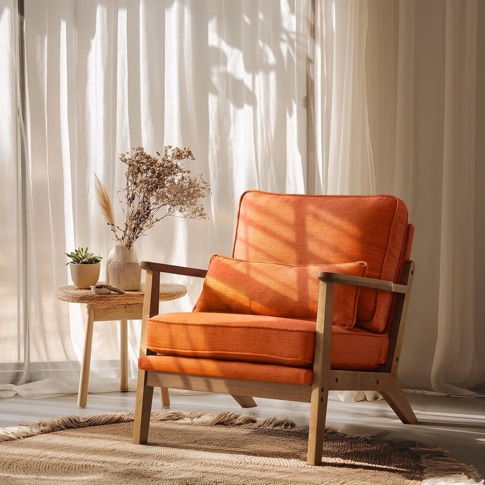VINGLI Solid Wood Wide Armrests Accent Chair,Upholstered Mid Century Modern C...
