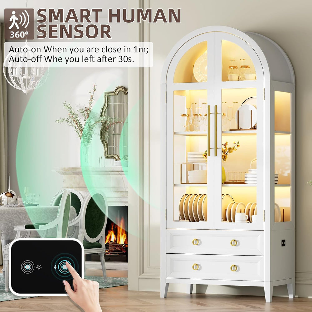 Vlsrka 71 Inch Arched Curio Cabinet, Display Cabinet with Sensor LED Lights