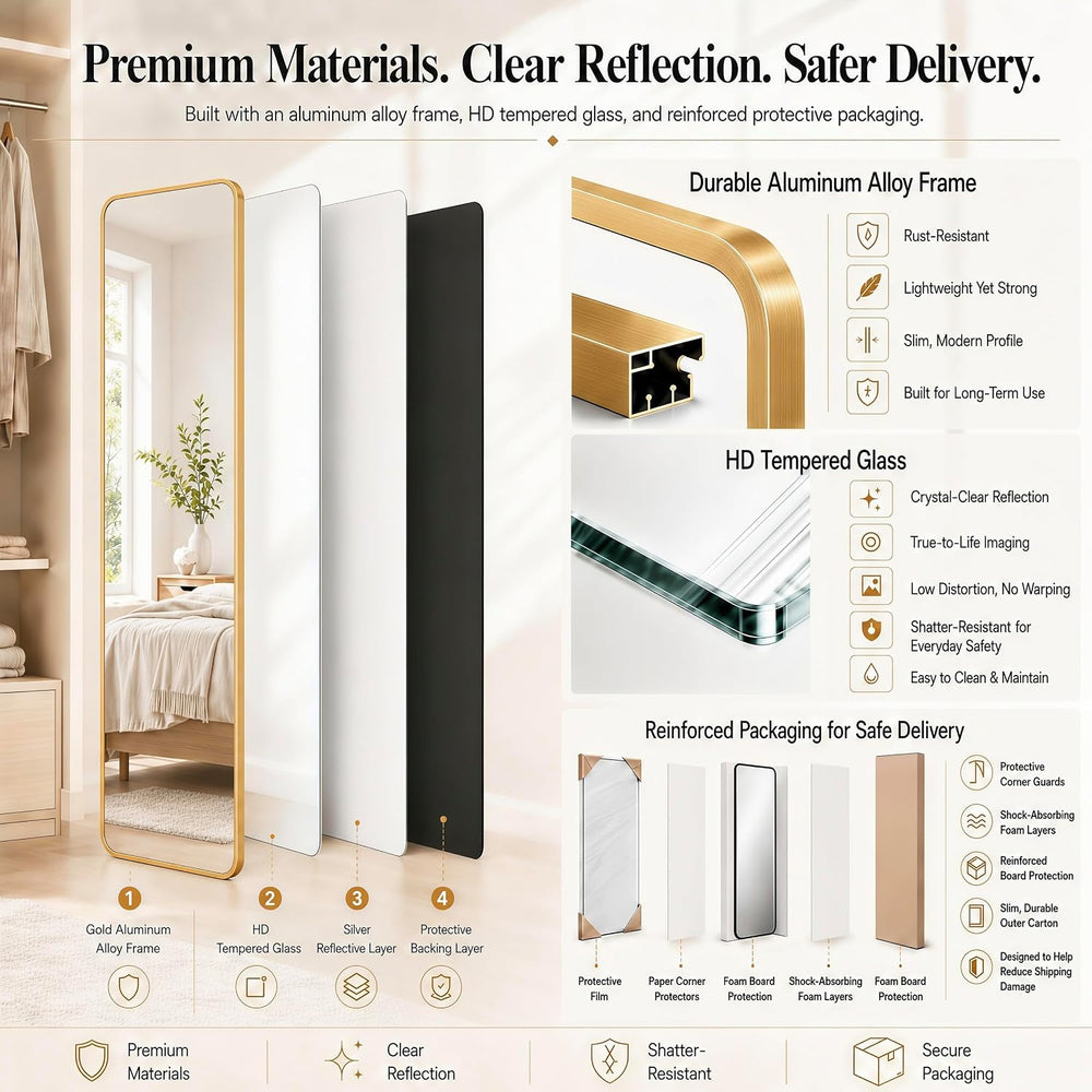 47x14" Full Length Mirror Over the Door Hang or Wall Mounted Gold