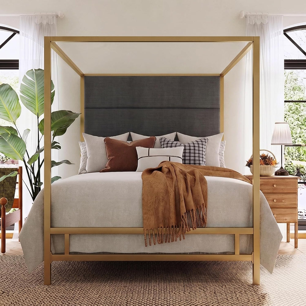 Merax King Canopy Bed Frame with Tall Linen Headboard, Metal 4 Poster Bed