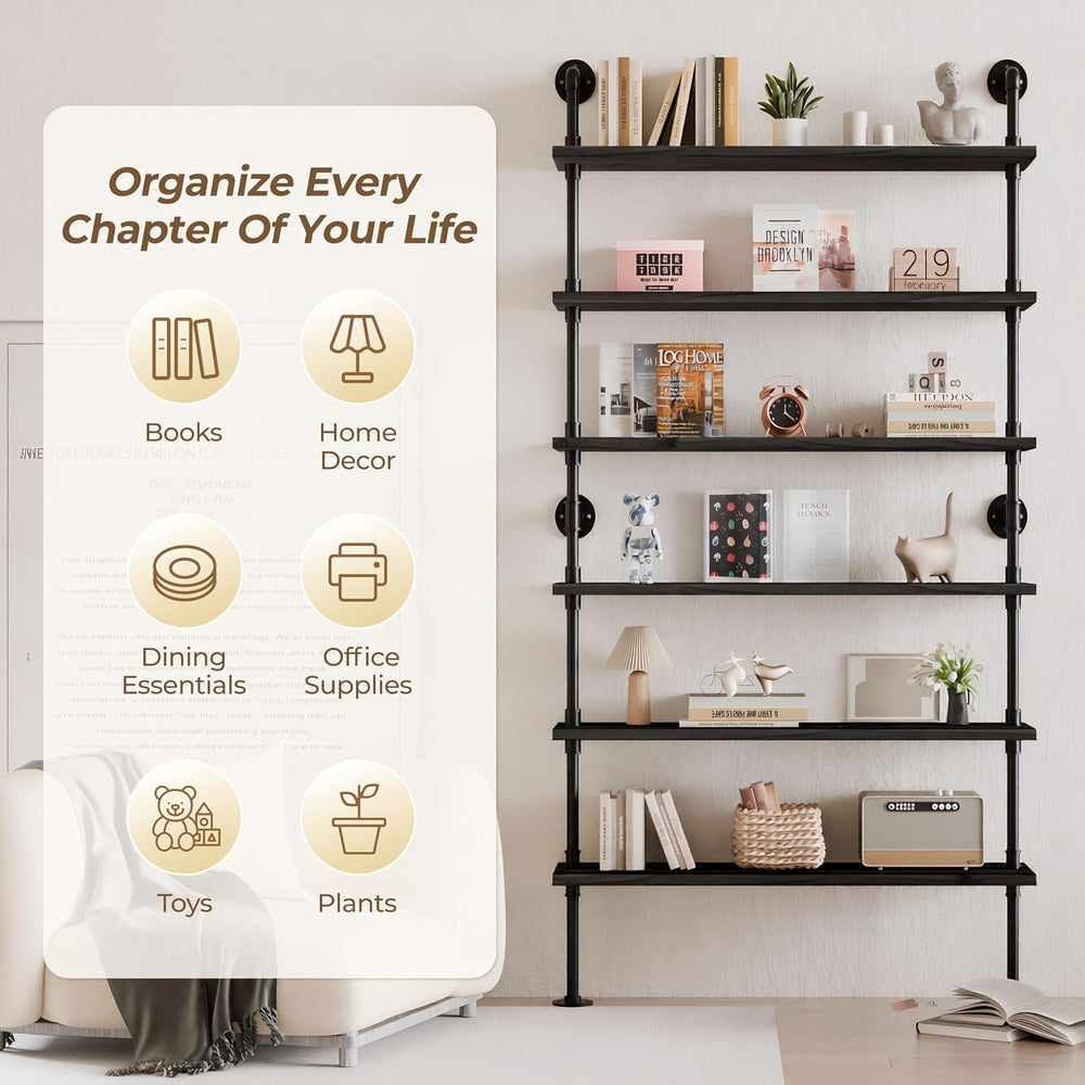 Industrial Pipe Bookshelf, Wall Mounted Shelf, 48 Inch, Black