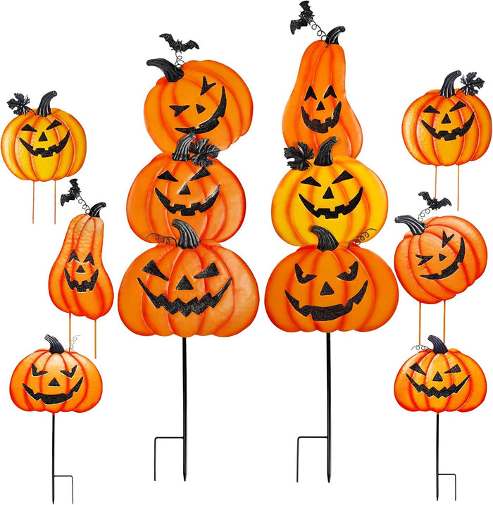 Halloween Metal Pumpkin Yard Stakes, Detachable and Stackable Pumpkin Signs Garden Stake with Paper Witch Hanging Decor, Outdoor Halloween Decorations for Front Porch Lawn Party (Set of 6)