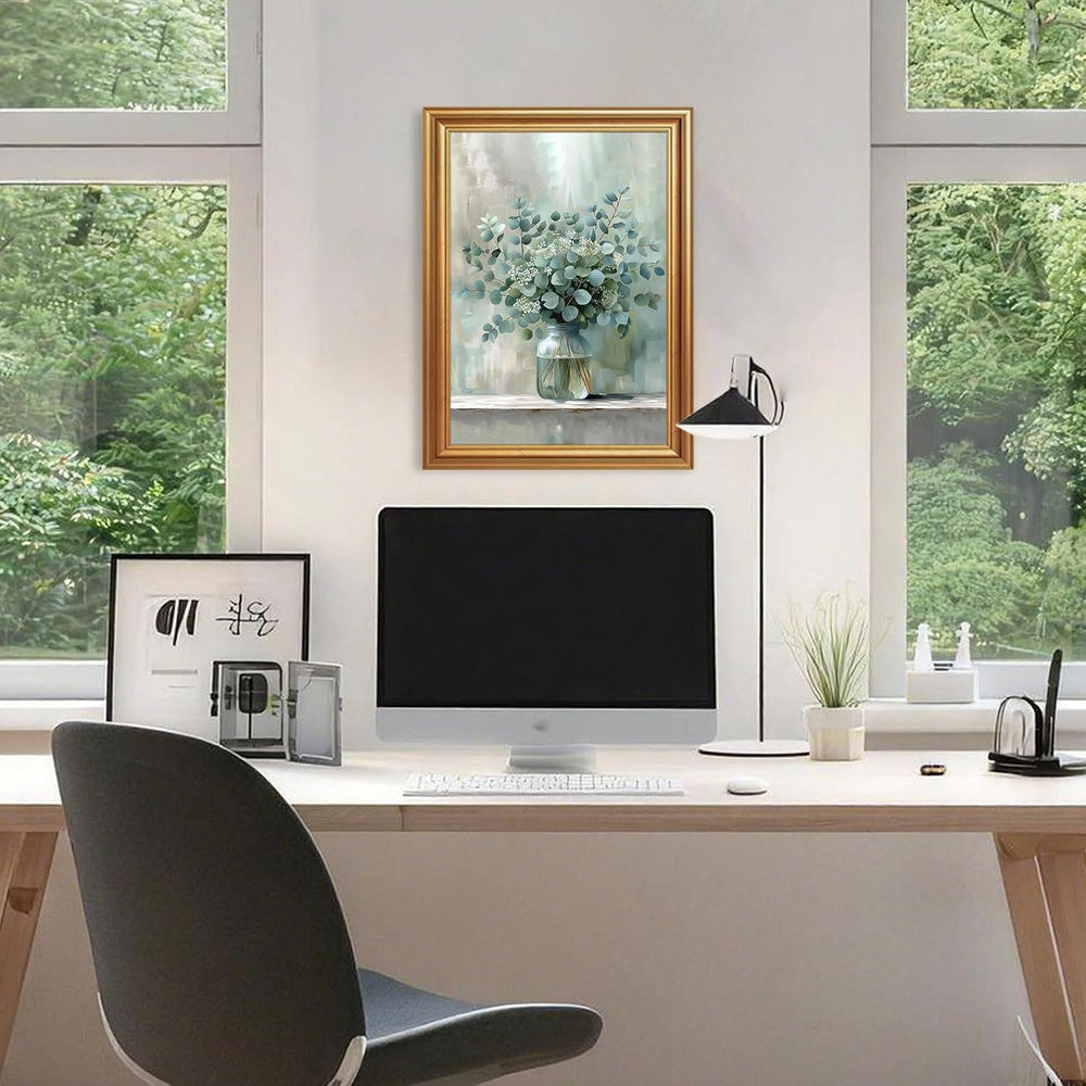 EJPFOGV White Flowers Eucalyptus Still Life Framed Canvas Wall Art 12x16 in