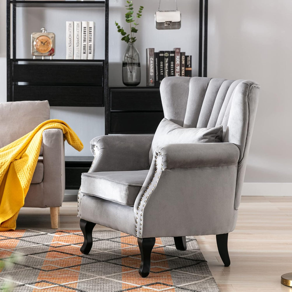 Mid Century Accent Chair Modern Tufted Wingback Armchairs Club Chair Velvet S...