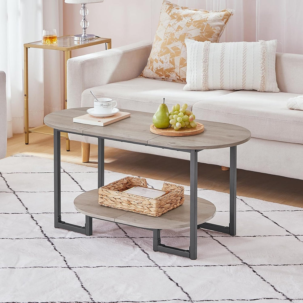 HOOBRO Coffee Table for Living Room, Oval Small Coffee Table with 2-Tier Open...