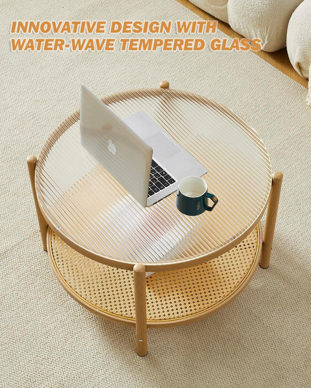 COSVALVE 27.5" Boho Rattan Coffee Table, Round Glass Metal Center Table