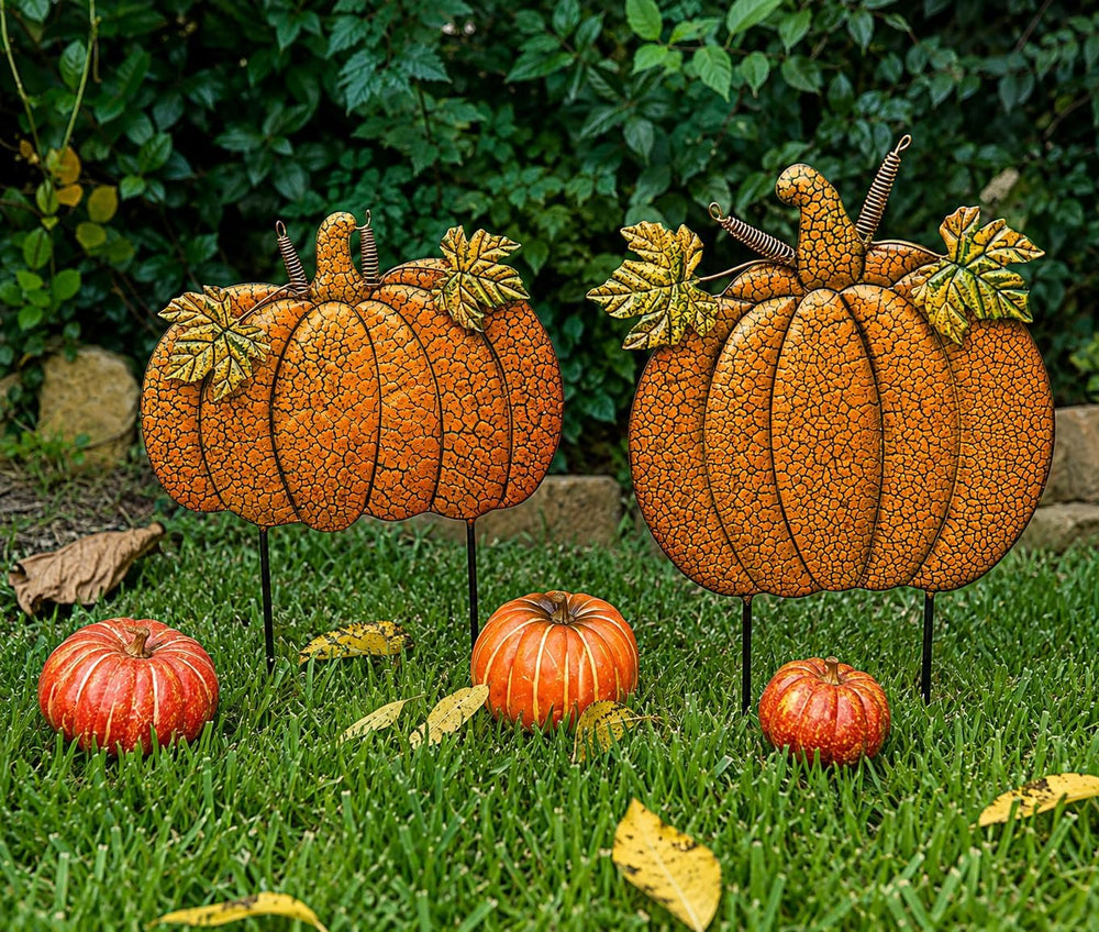 S/2 Garden Stakes Metal Pumpkins Outdoor Decor Thanksgiving Fall Harvest Hall...