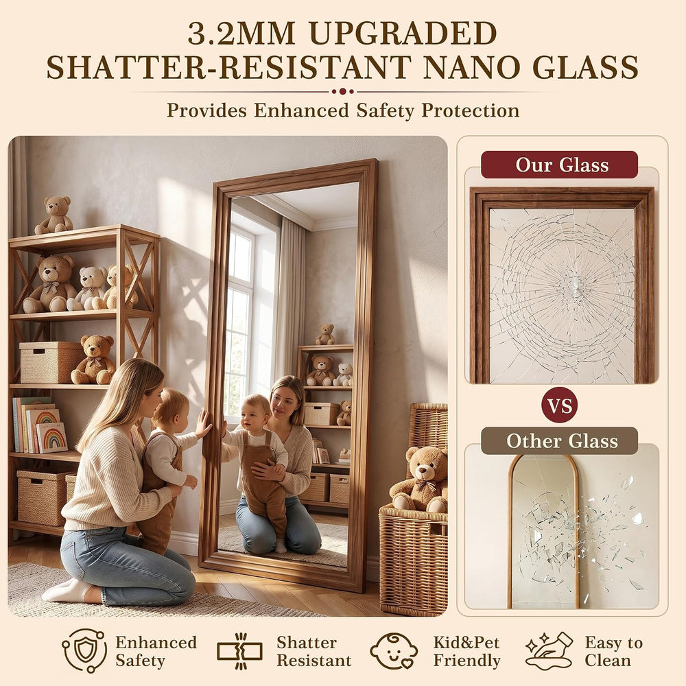 76"x34" Full Length Mirror, Large Wood Floor Mirror, Brown