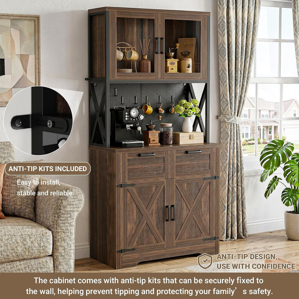 Unikito 71" Kitchen Pantry Cabinet with LED Light & Outlet, Microwav...