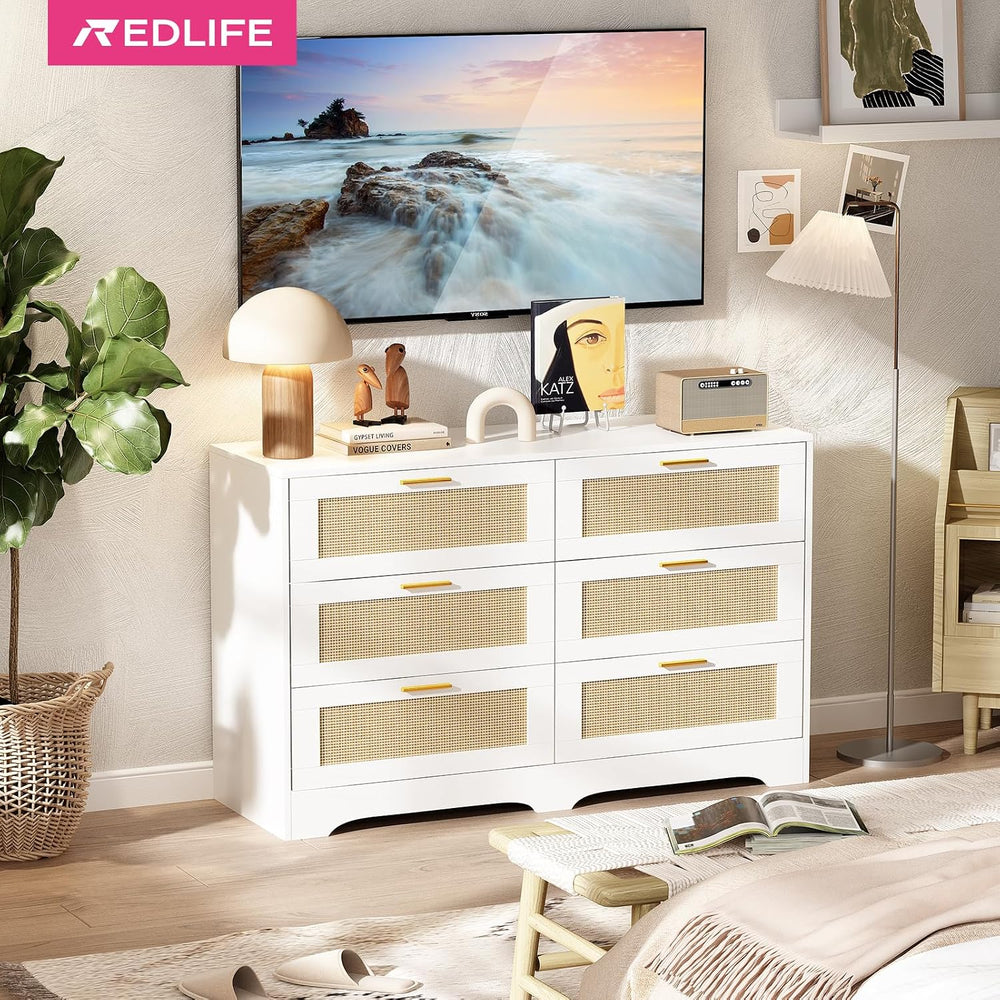 Redlife White Dresser for Bedroom, 6 Drawer Dresser with Golden Handles, Wood...
