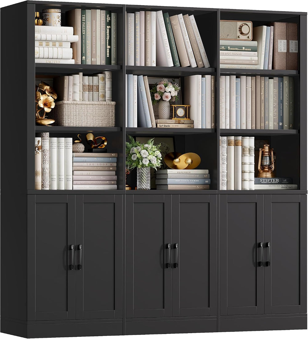 FINETONES 70” H x 63” W Triple Wide Bookshelf, Tall Bookcase with 6 Doors