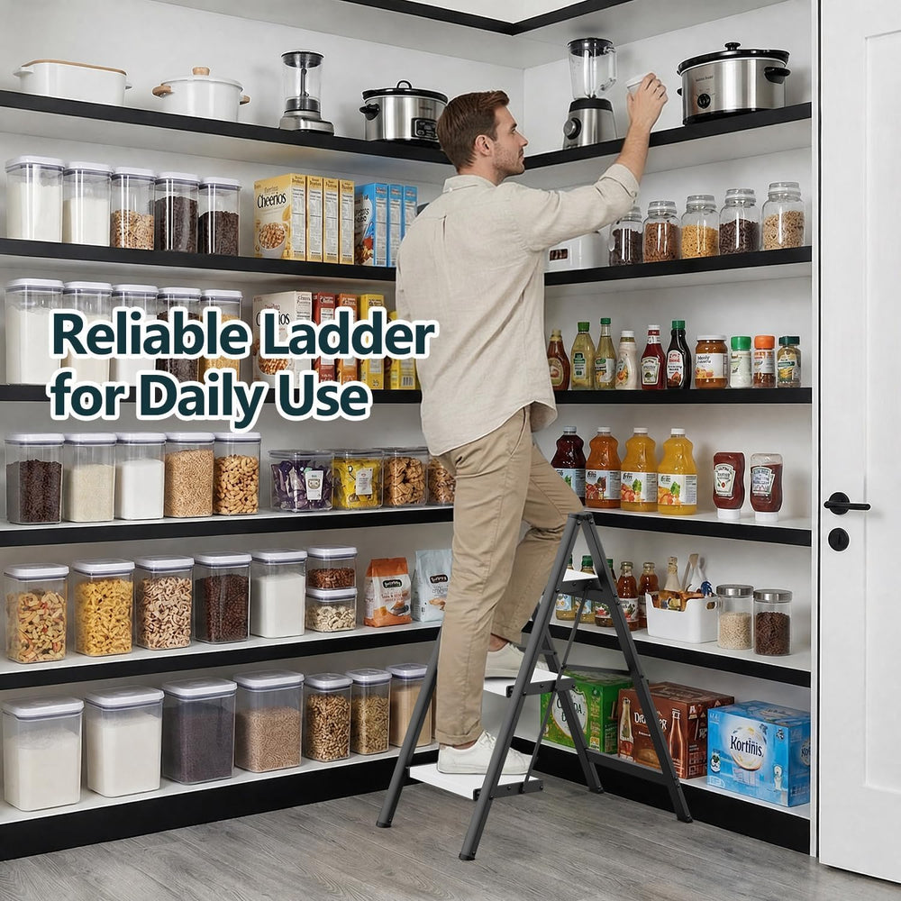 WOA WOA 3 Step Ladder, Foldable Step Stool, 300lbs Load, Black & White