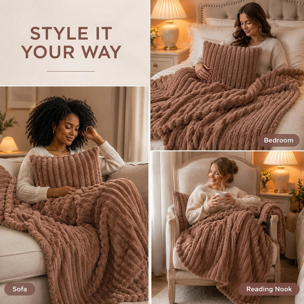 Blanket & Throw Pillow Covers Set - Dual-Sided Faux Fur Fluffy Blanket (5...