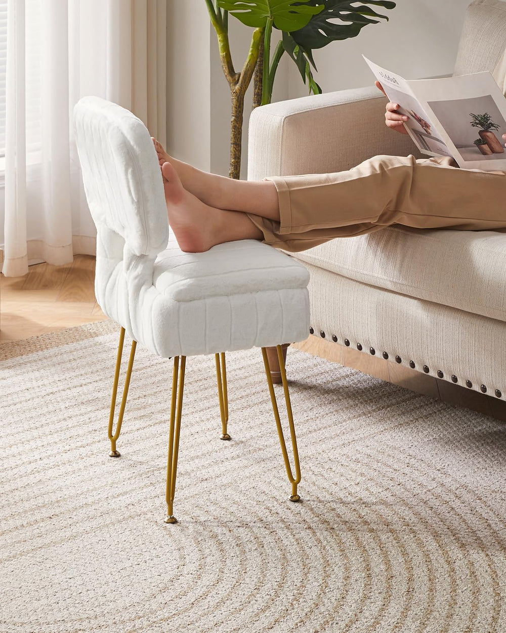 IBUYKE Vanity Stool with Storage, Folding Back Makeup Chair, White WBD030W