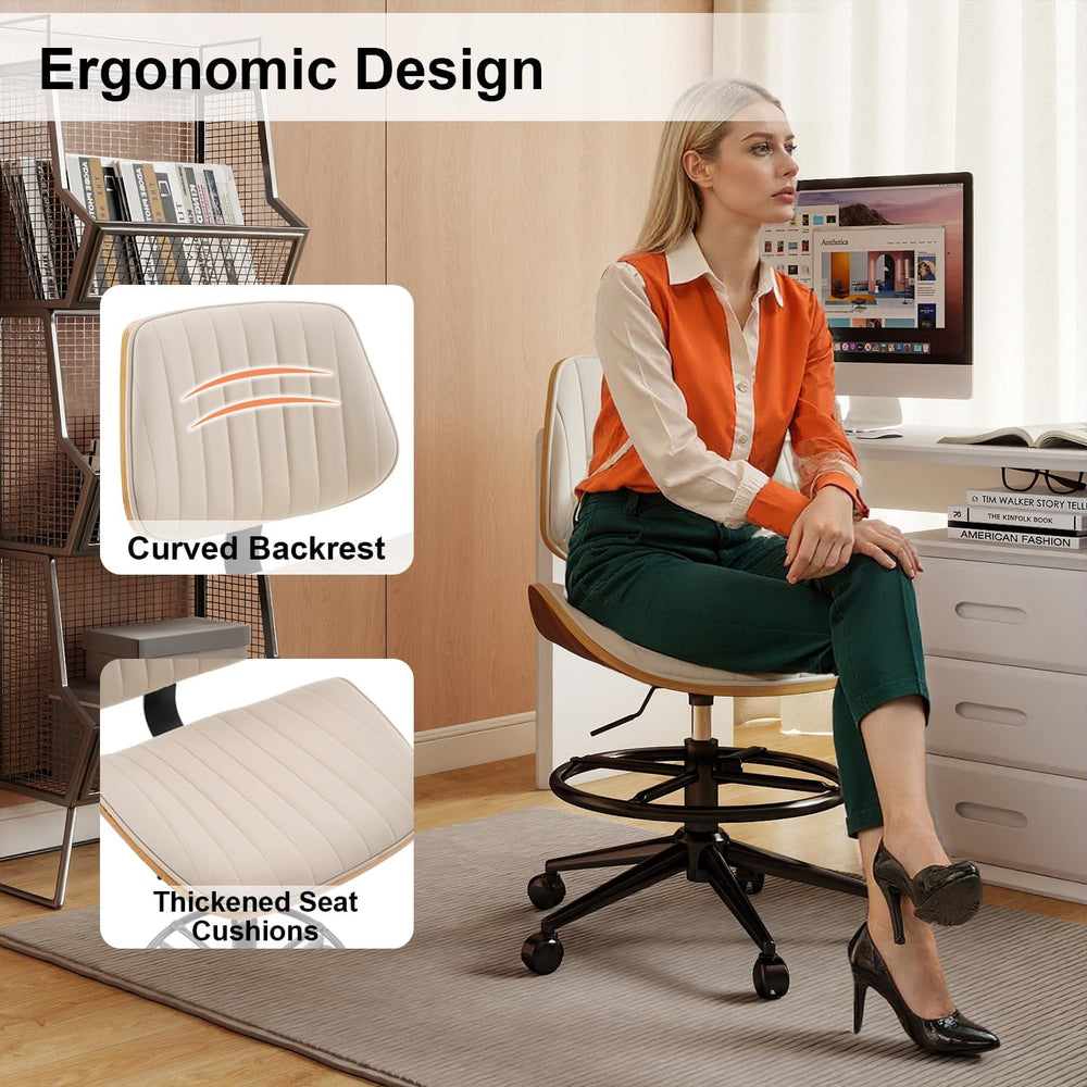 Drafting Chair, Ergonomic Office Chair with Walnut Wood Back Support, Armless...