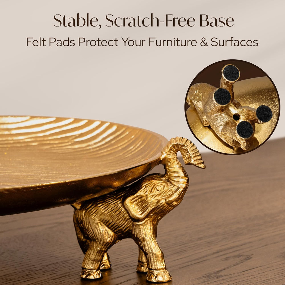Golden Tray with Elephant Stand - Round Decorative Coffee Table Centerpiece