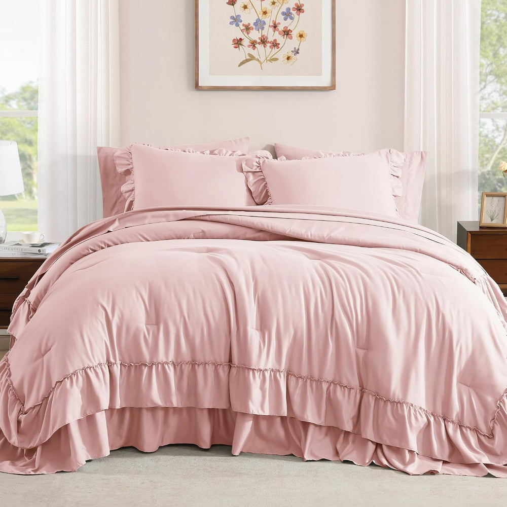 King Size Comforter Set Soft Pink Ruffle 7 Pieces Farmhouse Bed in a Bag