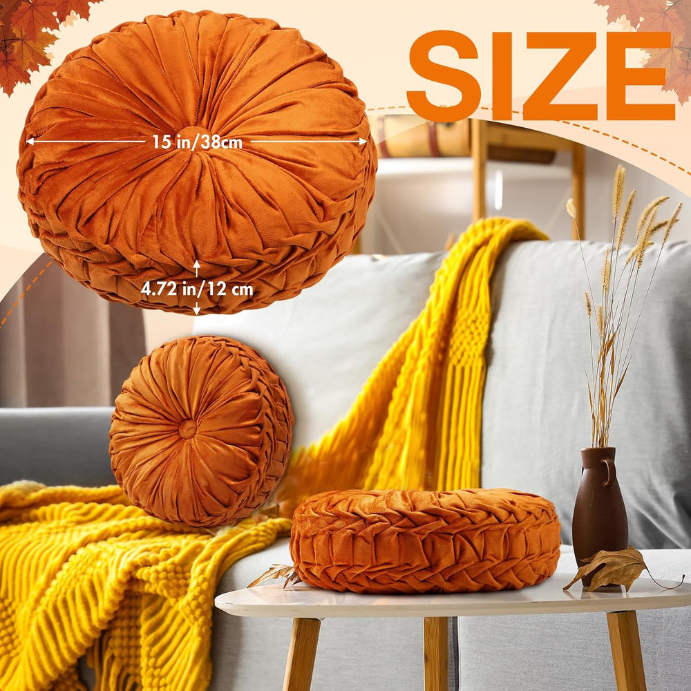 Beeveer 2 Pcs Round Throw Pillows Velvet Pleated Pillows, Orange