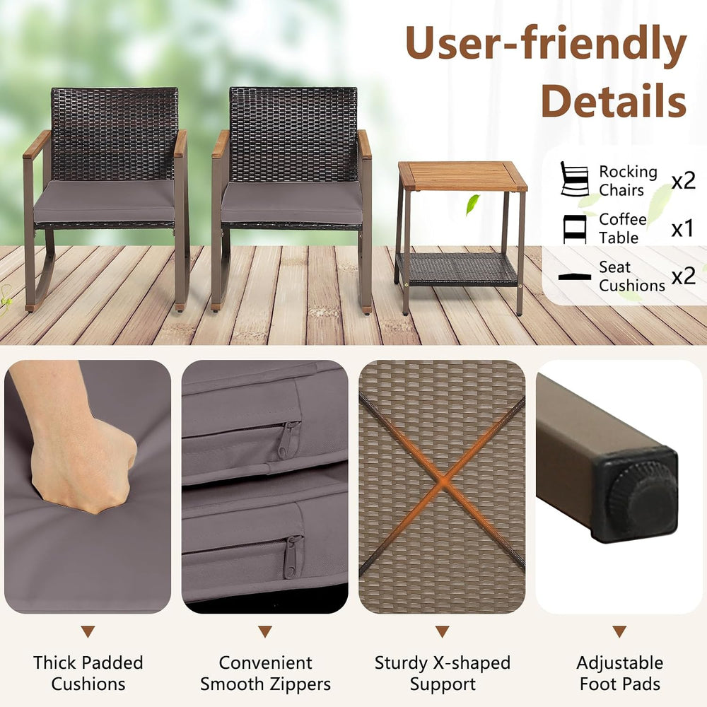 COSTWAY 3 Pieces Patio Rocking Bistro Set, Outdoor Wicker Acacia Wood Sets
