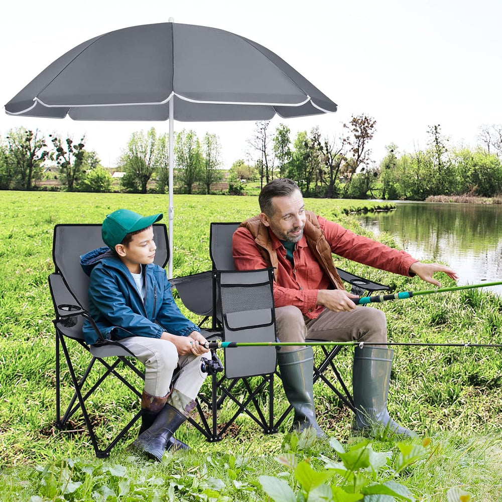 COSTWAY Folding 2 Seater Camping Chair with Parasol and Cooler, Grey