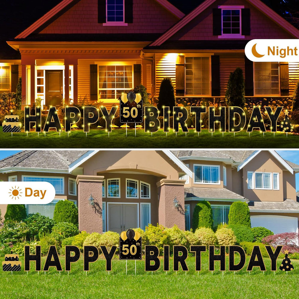 Yerliker 16 Pcs Black Happy Birthday Yard Signs with Stakes, 32.8 ft LED Ligh...