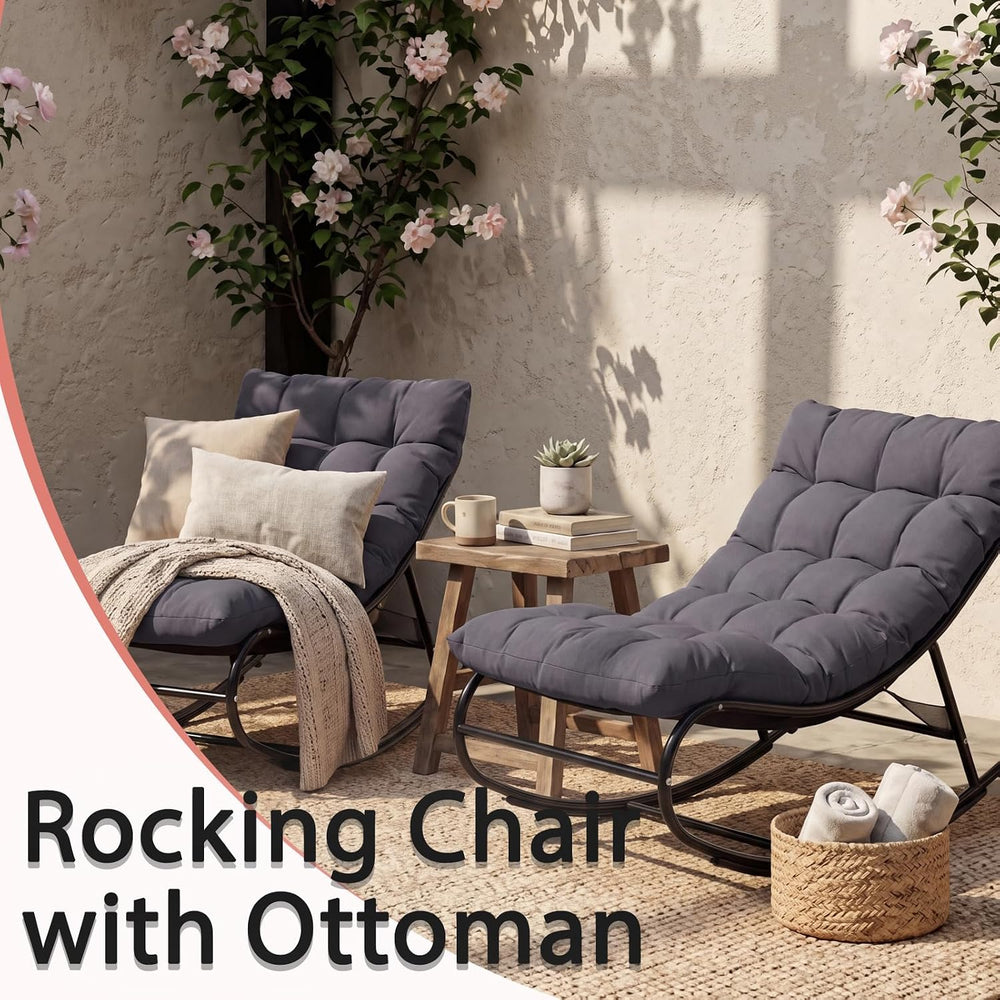 Double Papasan Rocking Chair Set with Ottoman, 2 Pack, Grey