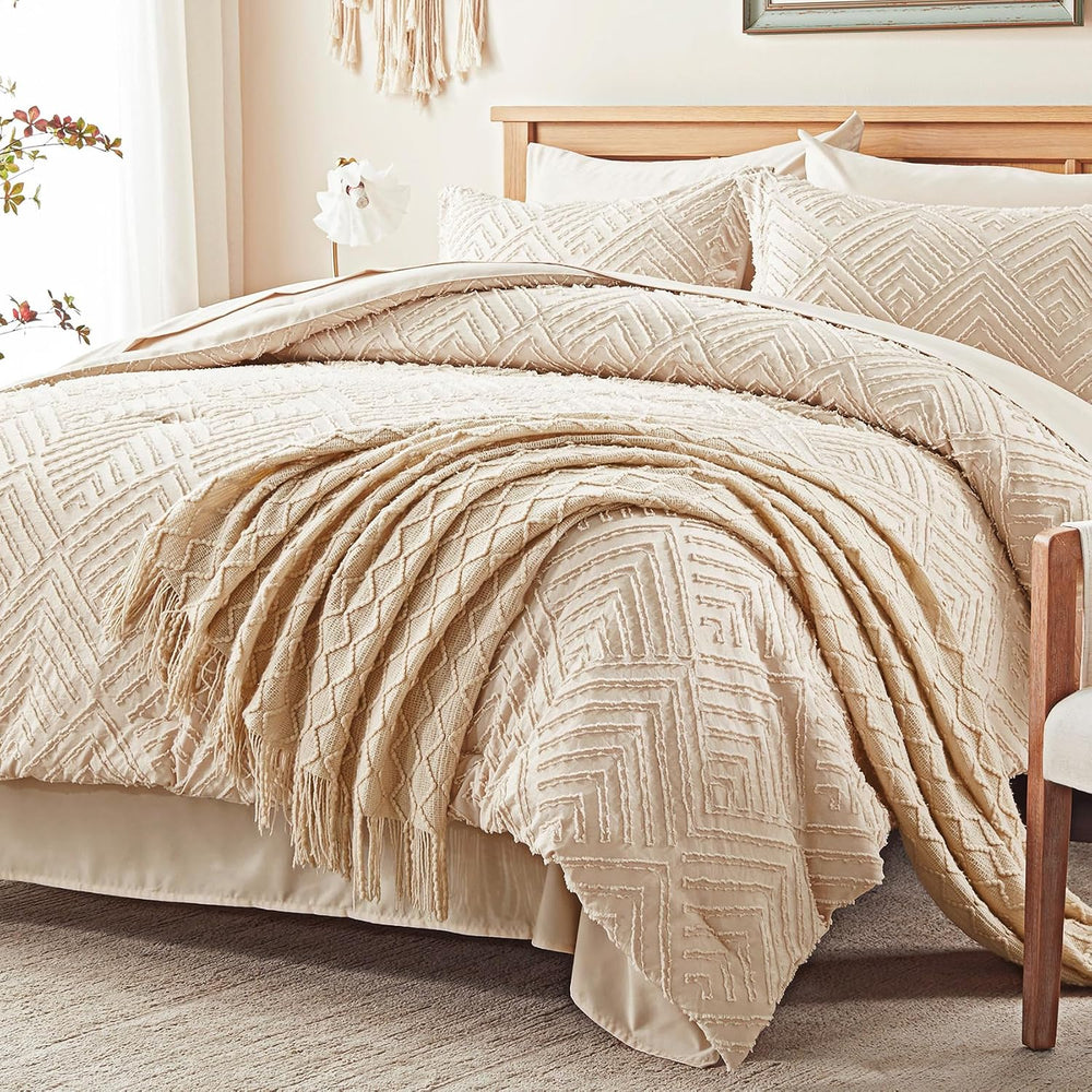 Zzlpp King Size Comforter Set 7 Piece, Beige Bed in a Bag King Bedding Sets