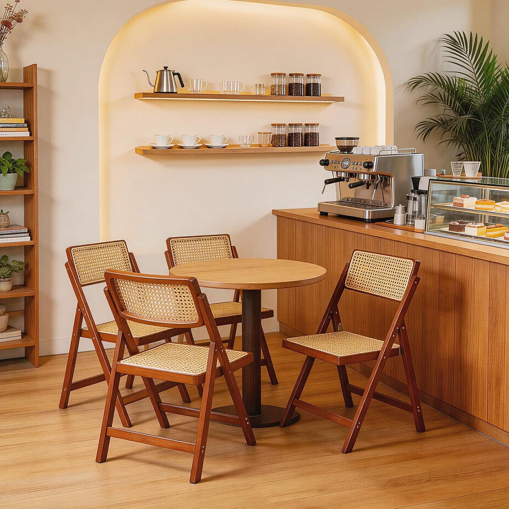 Rattan Dining Chairs Walnut Natural Resin Rattan Chair Foldable 4 Pack