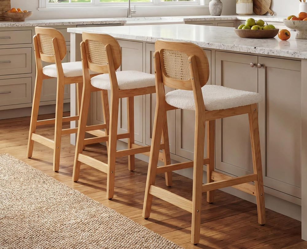 EALSON Rattan Counter Height Bar Stools Set of 3 Modern Farmhouse Barstools w...
