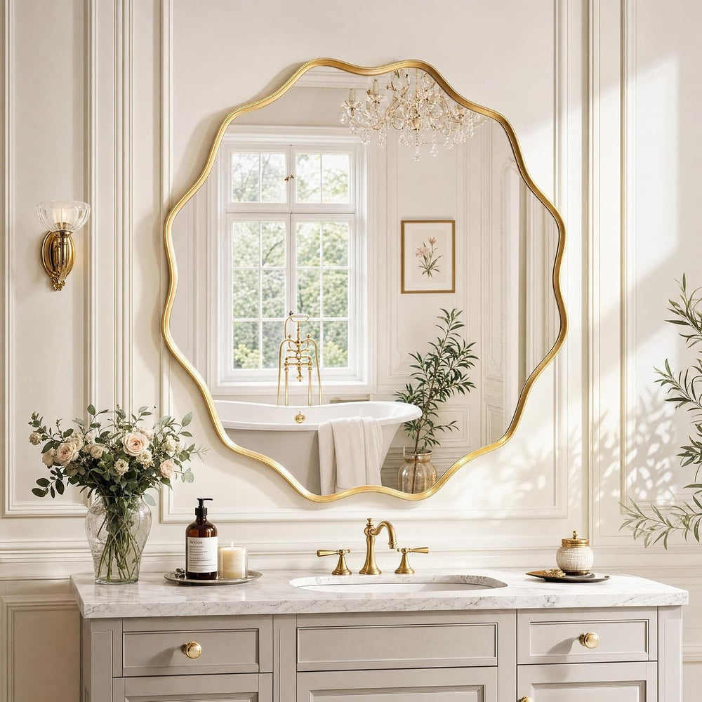 Gold Scalloped Circle Mirror 36" Wavy Edge Round Wall Mirror