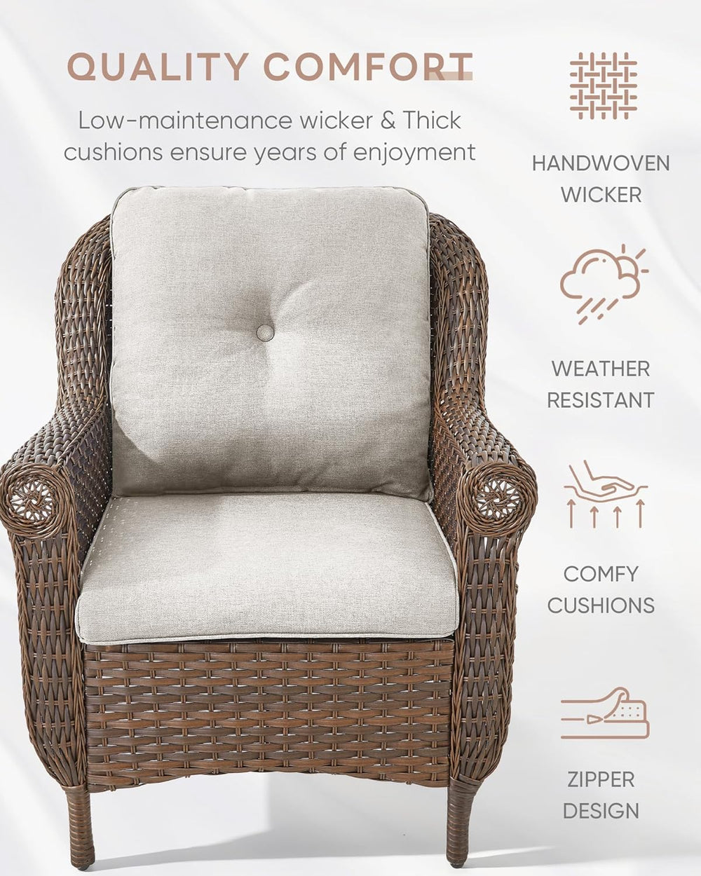 3 Piece Patio Brown Wicker Chairs with Side Table - Outdoor High Back Heavy D...